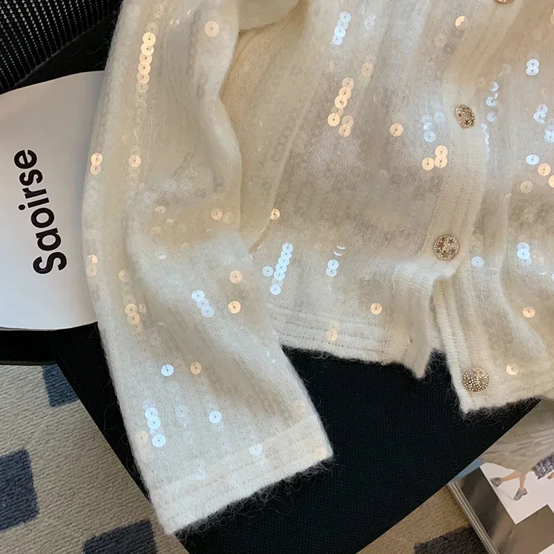 Cárdigan de punto con lentejuelas blancas para mujer, chaqueta elegante de alta gama, suéter corto, Top femenino, primavera y otoño, novedad de 2023