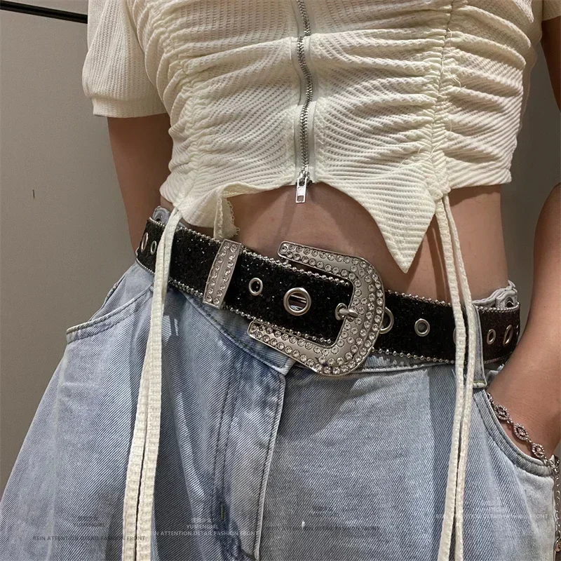 Y2K Women Fashion Solid Print Studded Full Rhinestone Belt PU Leather Bling Crystal Adjustable Glitter Waistband for Club Party