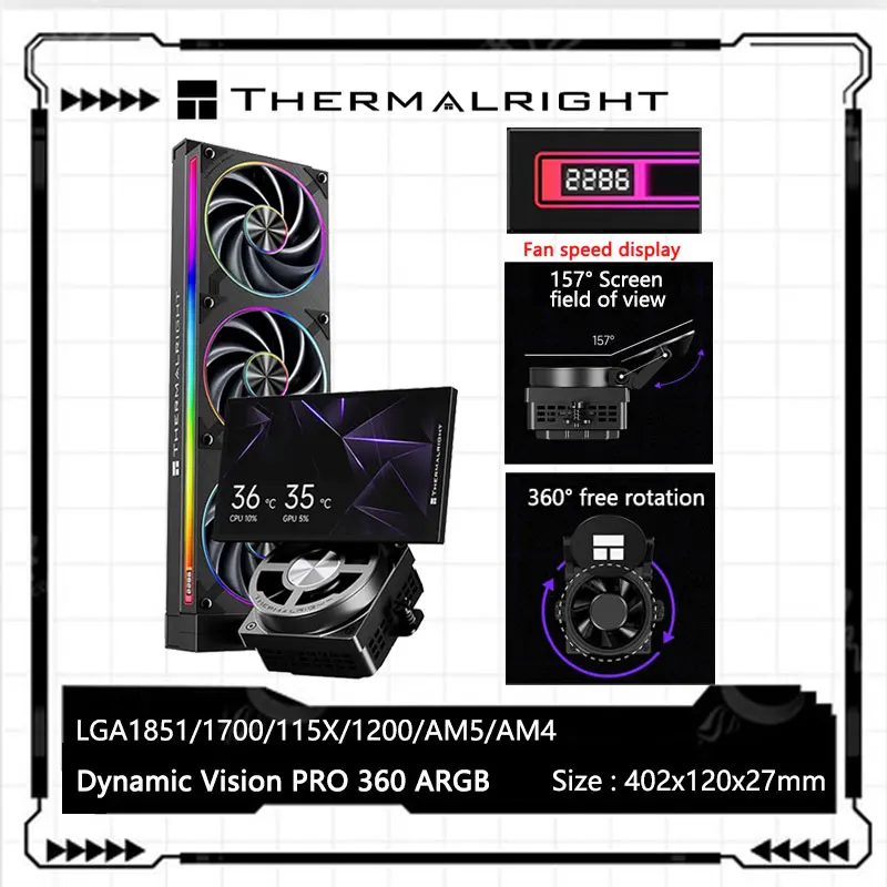 Thermalright Dynamic Vision PRO 360 ARGB オールインワン水冷ラジエーター、5.5インチ自由回転スクリーン/対応LGA1851/1700/AM5
