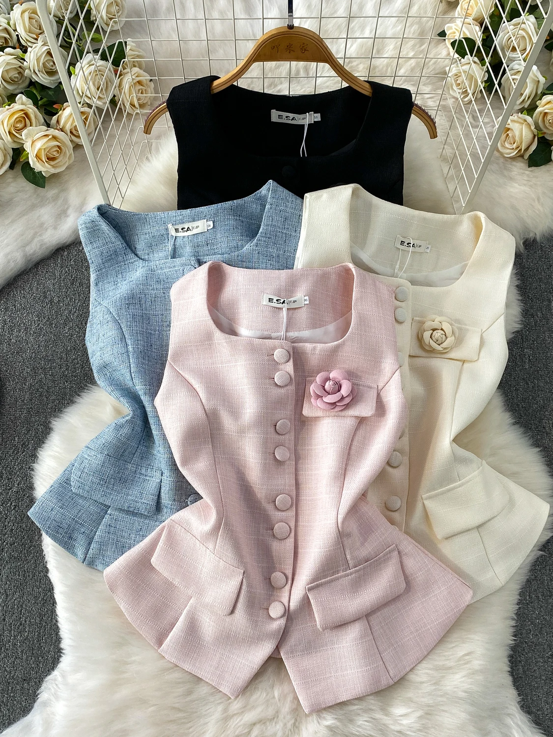 

Ele Tea Rose Embroidered Vest Women's Summer Faion Casual Ci Commute Thiened Woolen Fabric Square Collar