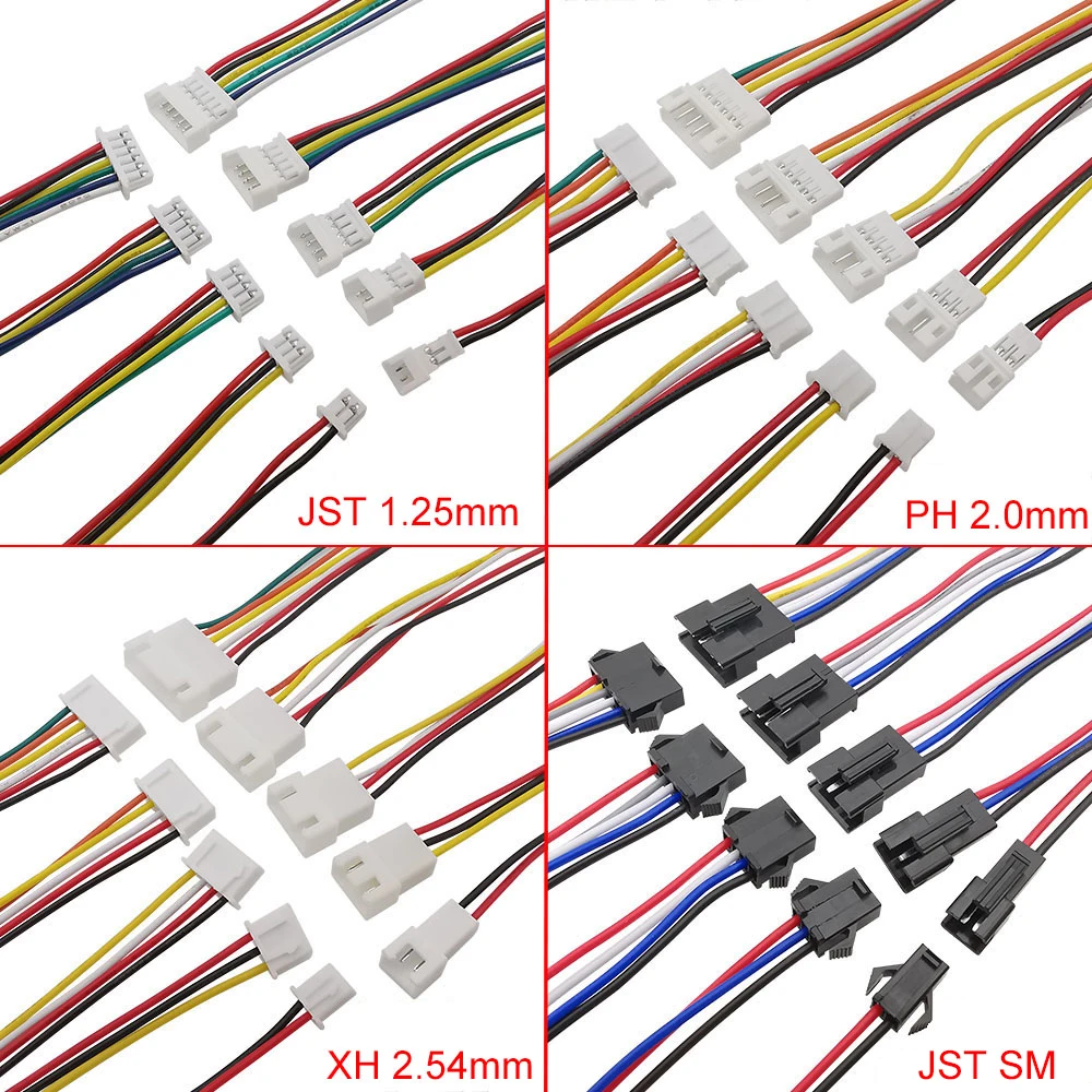 5Pairs JST 1.25/PH 2.0/XH 2.54/SM 2P 3P 4P 5P 6 Pin Male Plug + Female Jack Terminal Cable Connector Electrical Wire 10/15/20cm