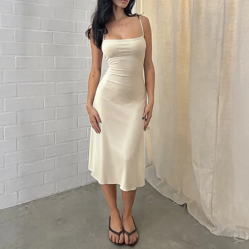 Hugcitar Damen-Kleid, elegant, einfarbig, sexy Midikleid, ärmellos, rückenfrei, Sommerkleidung, Geburtstagsfeier, Urlaub – Detail 23