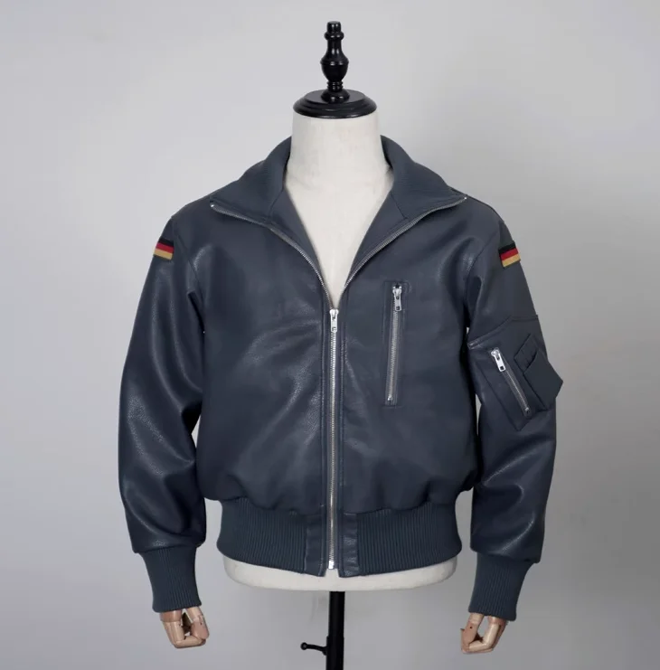 German Air Force Flight Jacket Grey Autumn Men's Leather Coat Flip Collar Short