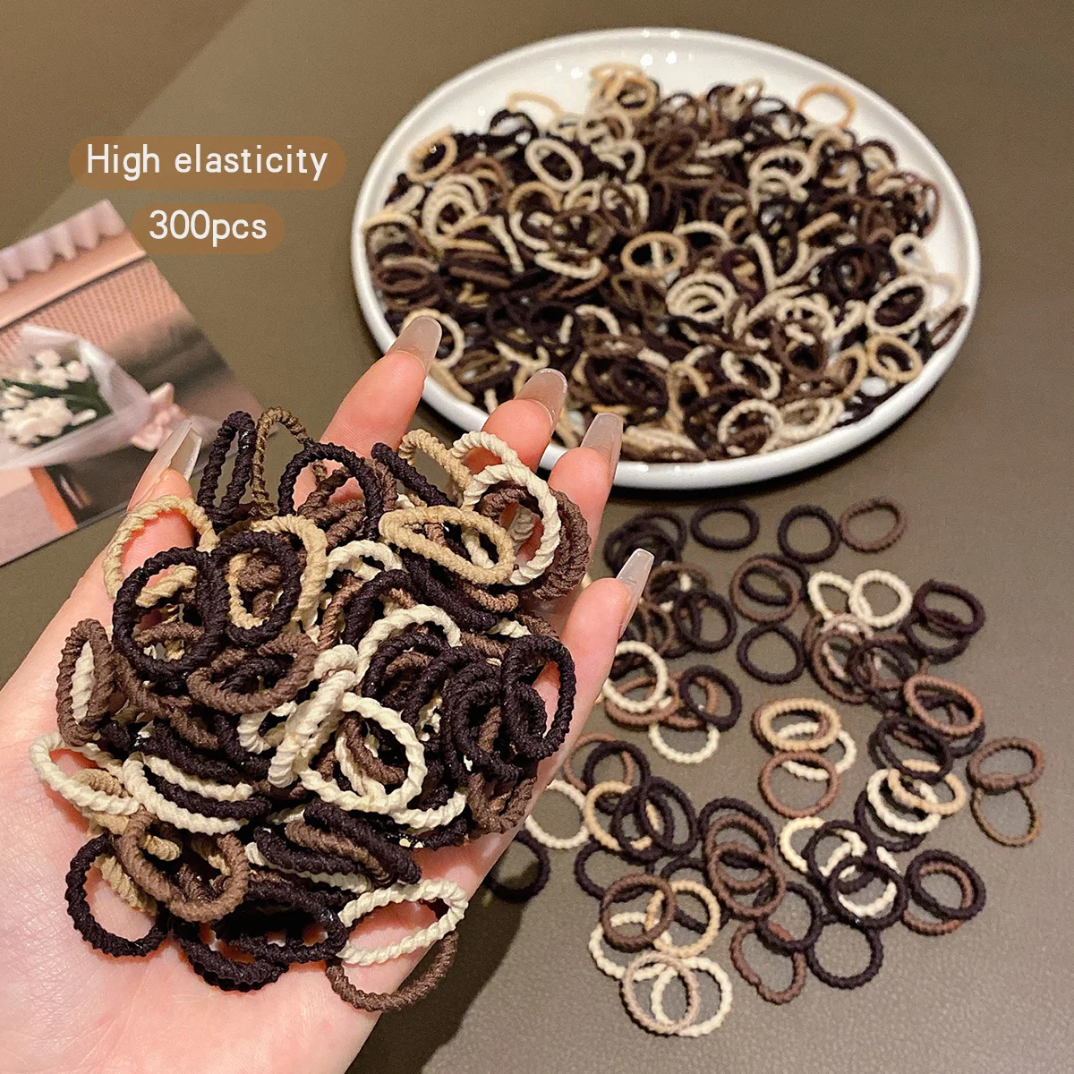 300 coffee colored rubber bands, Korean version, elastic and durable headband suitable for daily use as a hair accessory