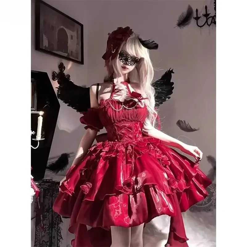 

Japanese High Waist Slim Bow Flower Princess Wind Cos Suspender Dresses Red Lolita Pure Desire Wind Neck Off-Shoulder Dress
