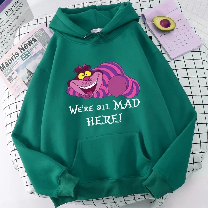 Disney Long Sleeve GIRL Hoodie Fashion Alice in Wonderland Cheshire Cute Cat Cartoon Print Hooded Pullover Women Teen Sweatshirt