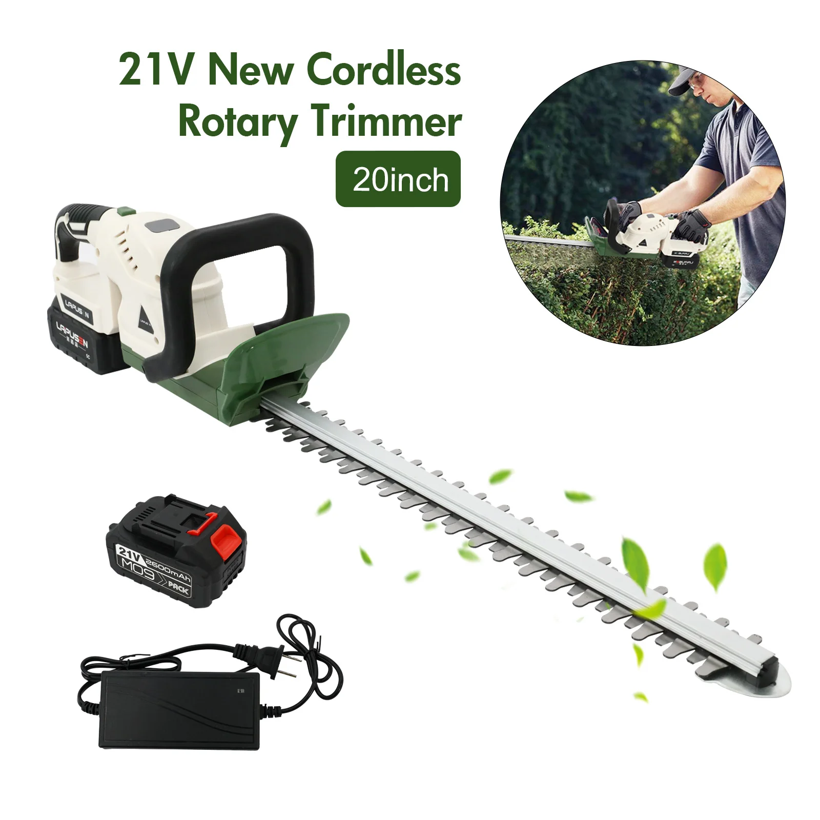 Cordless Rotary Trimmer 21V 20 Inch Dual-Action Blade Electric Lawn Mower Handheld Shrub Trimmer with 3.0Ah Battery Fast Charger