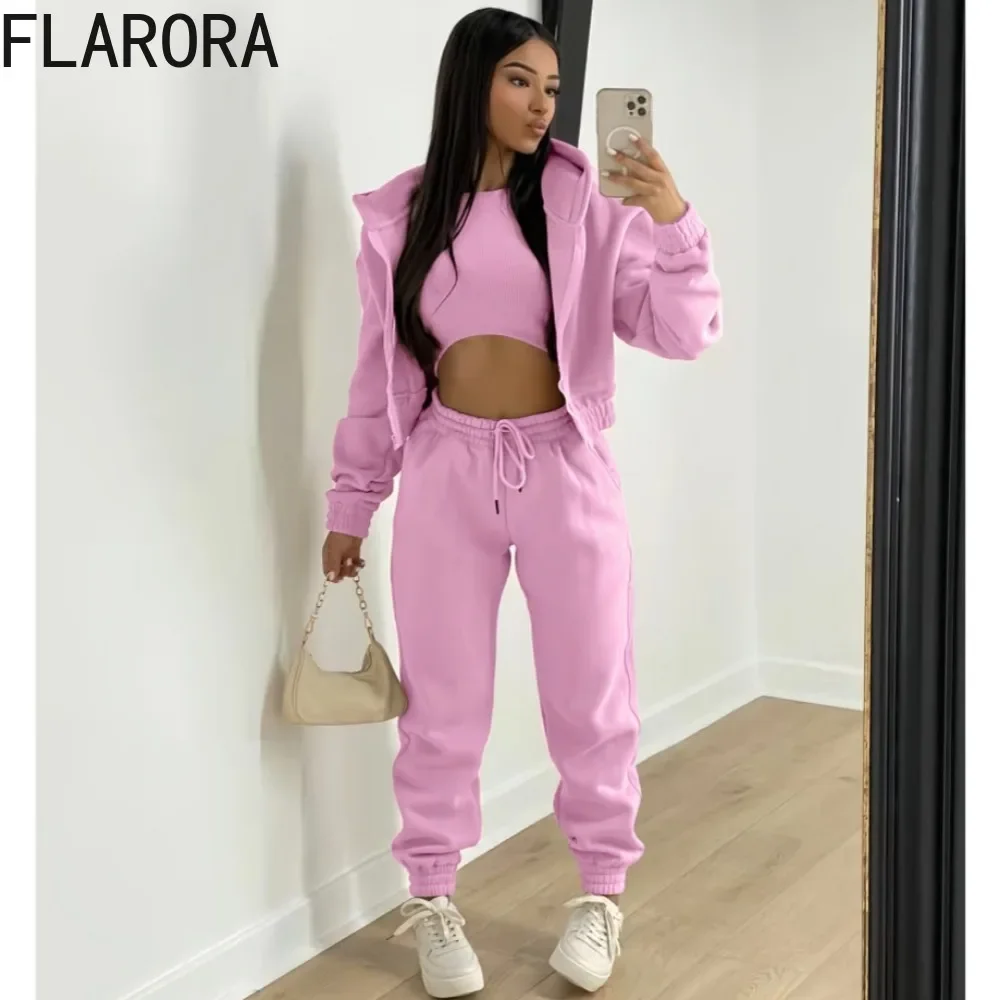 FLARORA Autumn Winter Pants 3 Piece Sets Woman Solid Zipper Hooded Coat Vest And Drawstring Pants Set Casual Sweatpants Outfits