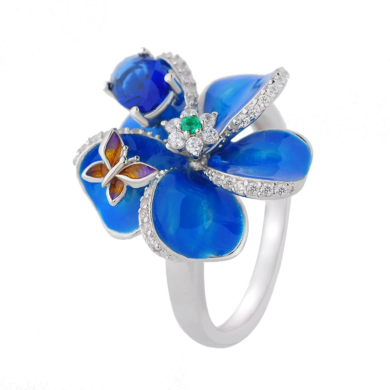 

Buyee 925 Sterling Silver Luxury Big Ring Blue Enamel Flower Ring Finger for Woman Girl Excellent Wedding Fine Jewelry Circle