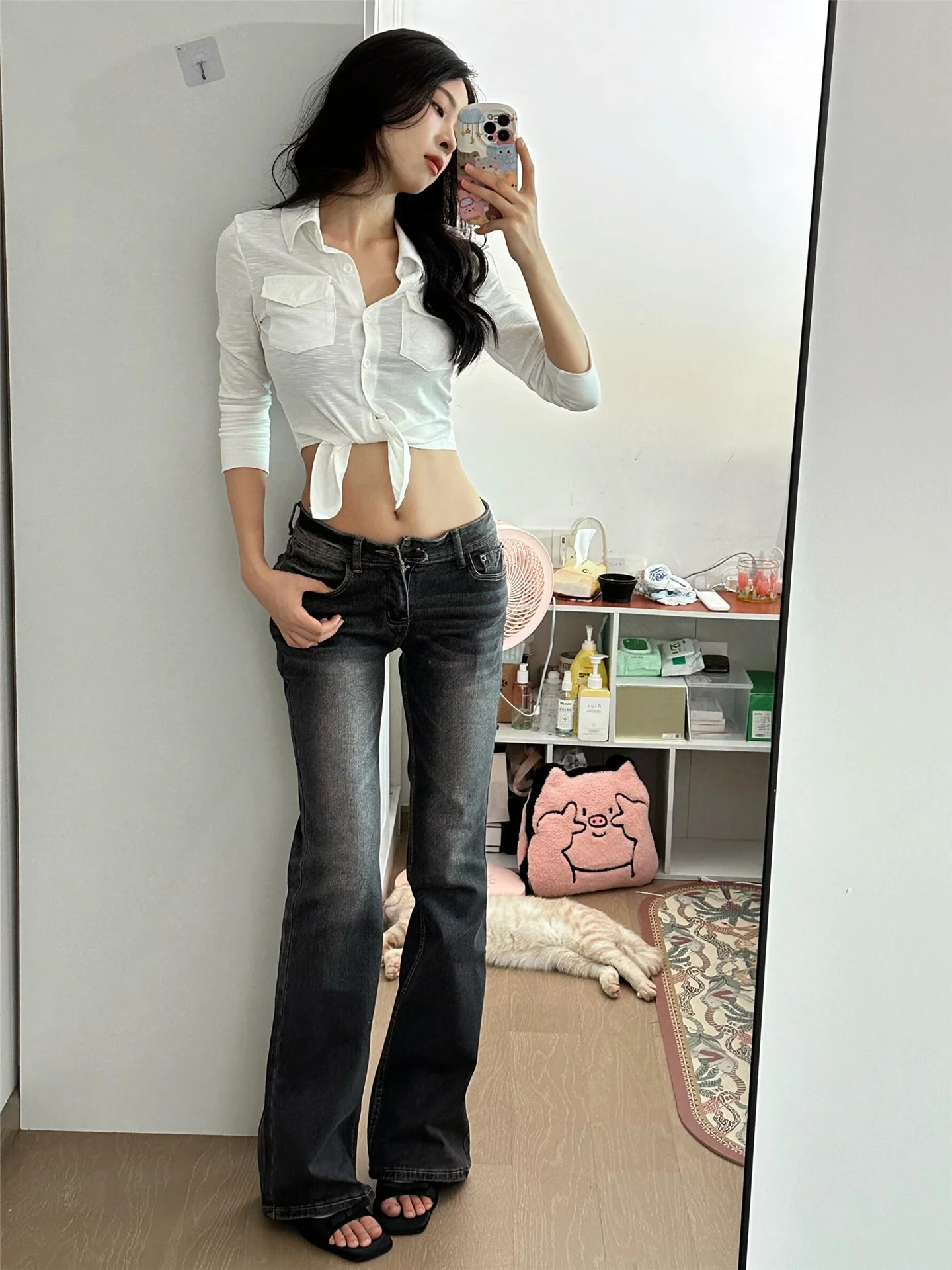 

American Style Vintage Low Waist Bell Bottom Jeans Women's Spring Slimming Long Y2K Sexy Pants Casual Wash Cotton Jeans