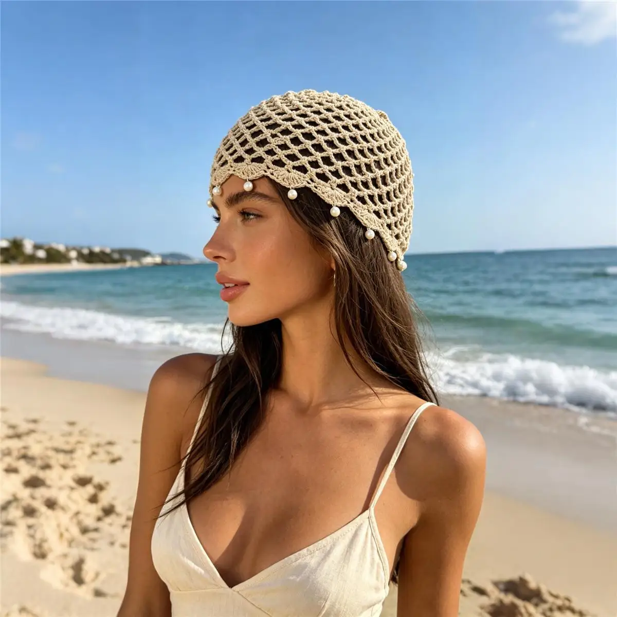 Fashion Crochet Knit Hollow Out Hat for Women Pearl Decor Thin Breathable Floral Lace Headwrap Sweet Beanie Cap Turbante Mujer