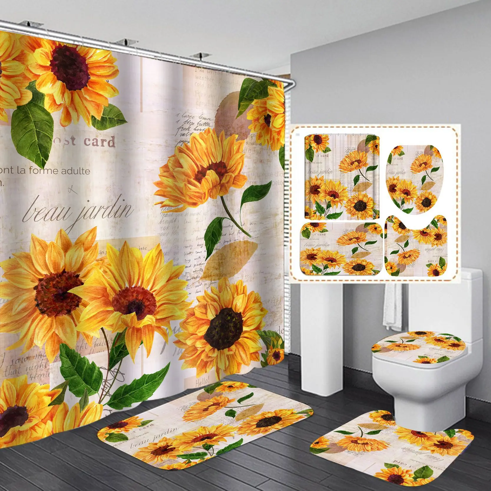 

3D Sunflower Pattern Shower Curtain 4Pcs Set Polyester Waterpoof Non-slip Bath Mat Set Toilet Rug Carpet Barth Decor Warm Style