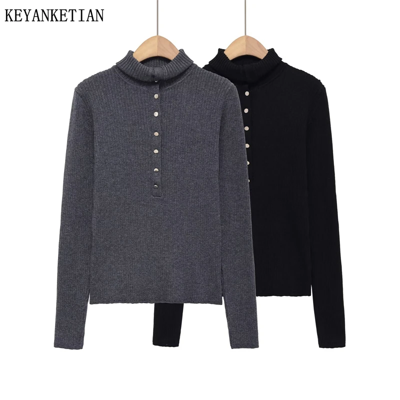 

Новый зимний женский свитер KEYANKETIAN с высоким воротником, декорированный пуговицами, из блестящего шелка и кружева, облегающий, теплый, вязаный, пуловер