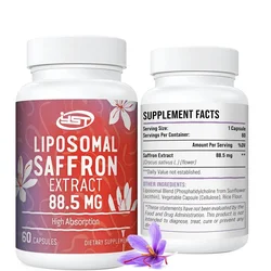 Liposome saffron supplement -100% pure saffron extract 88.5 milligrams, better bioavailability -60 vegetarian capsules