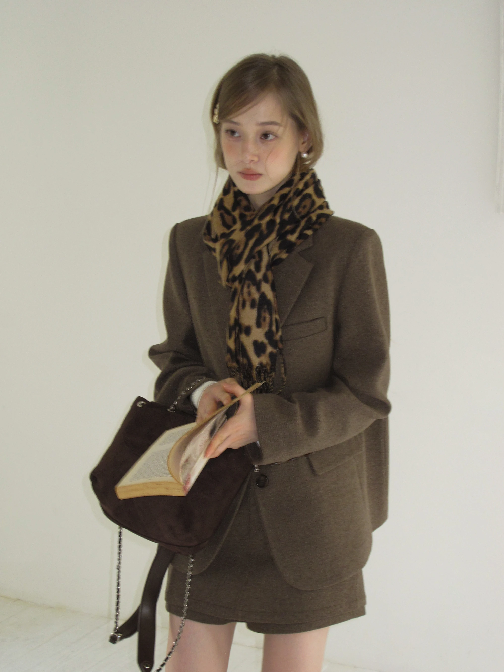 

Retro Coffee Color Woolen Suit Set Women's High Waist A-Line Skirt Loose Commute Sle Casual Straight Cut Polyester Fiber