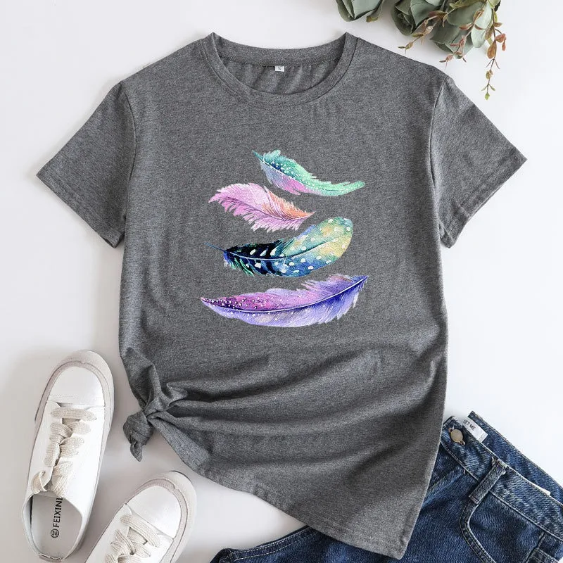 JFUNCY Women Summer T-shirt Woman Short Sleeve Tops Colorful Feathers Print Tshirt  Casual Loose Female Cotton Tees