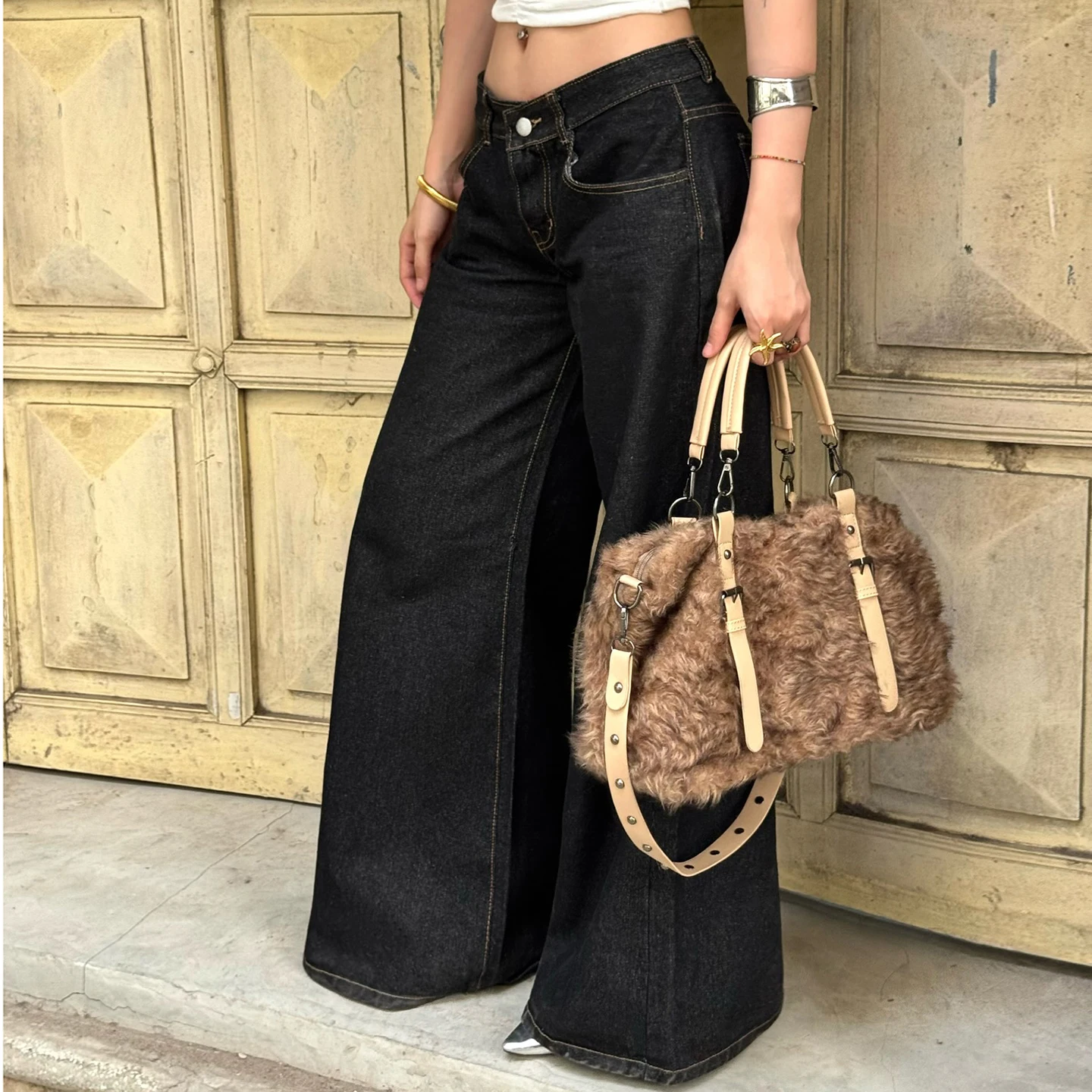 SUCHCUTE Retro Black Loose Wide Leg Denim Jeans Women's All-Match Low Waist Trousers Y2K Streetwear Denim Trousers Casual Outfit