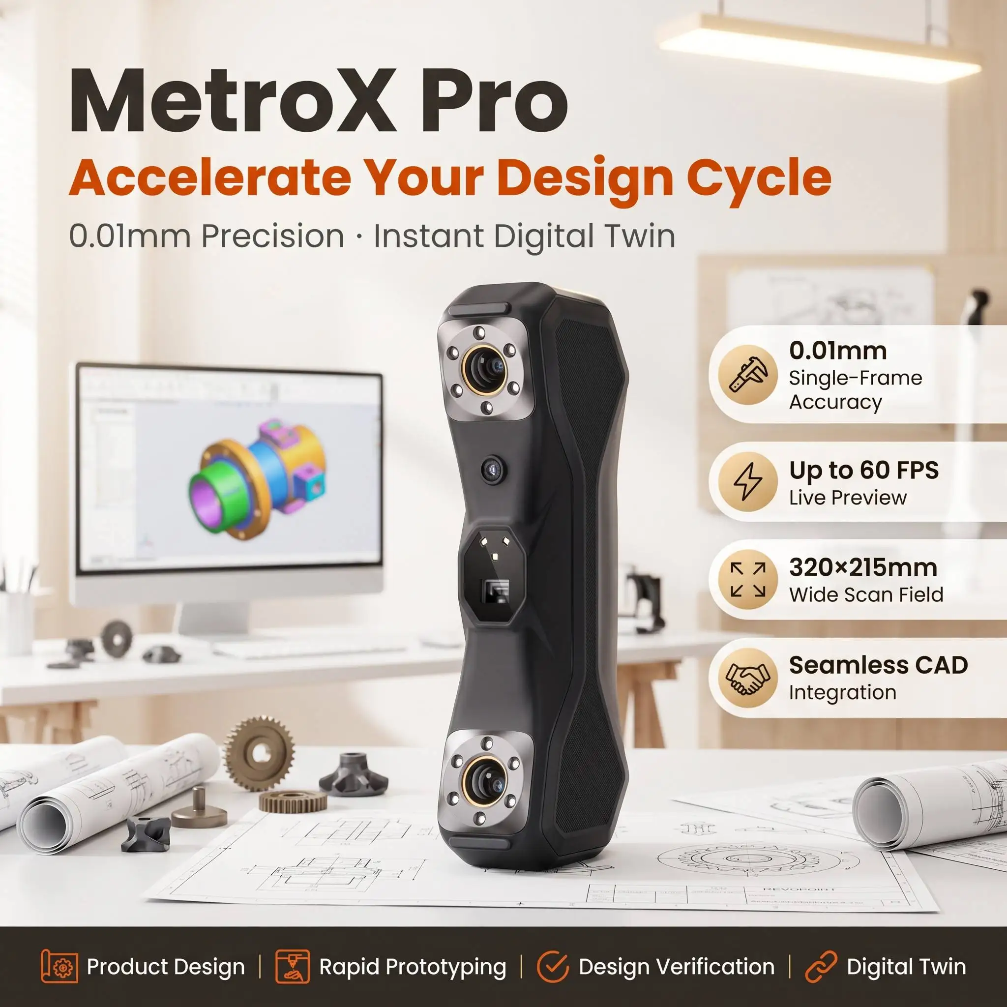 Revopoint MetroX Pro Handheld 3D Scanner 0.03mm Precision Blue Laser 0.05mm Fused Point Distance 2MP Camera Metal Dark 1m Max