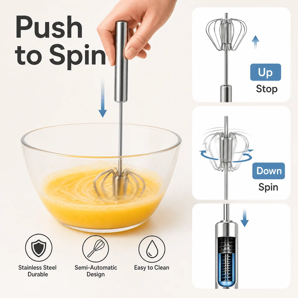 Stainless Steel Semi-automatic Whisk 32cm Hand Push Rotary Egg Beater Mixer 1Pc Kitchen Tool for Egg Cream Milk Frothing, image 4