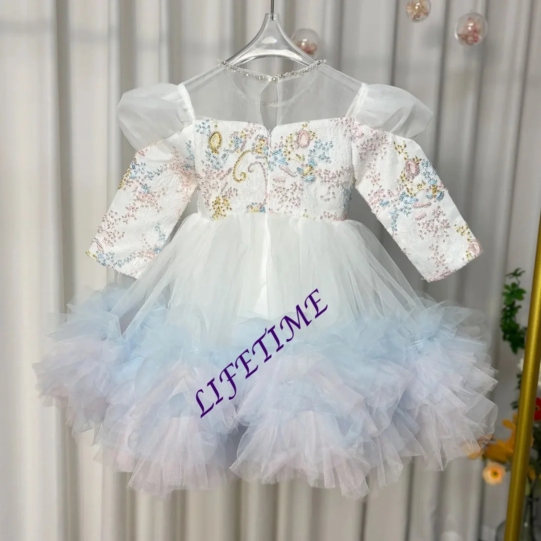 

CustomizedSequins White Puffy Girl Princess Dress Knee Length Long Sleeve for Toddler 1st Birthday Wedding Party Gowns