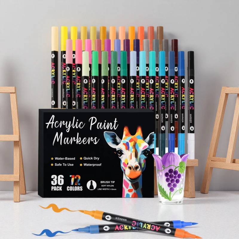 24-72 Colors Acrylic Paint Markers with 12-36Dual-Color Brush Tips, Double Tips Acrylic Paint Pens for Rocks, Eggs, Wood, Rock