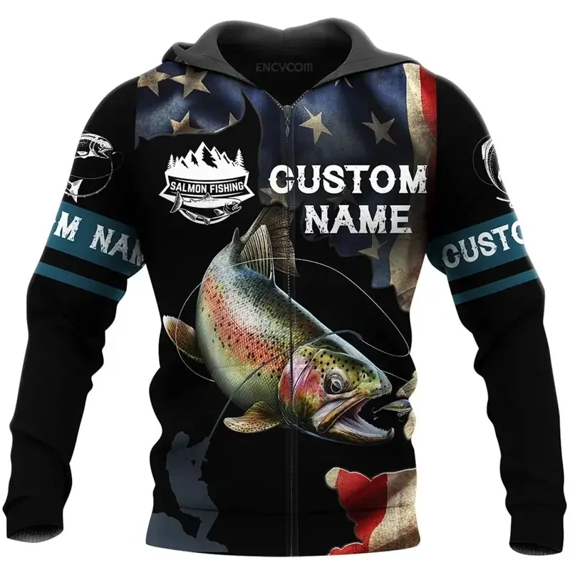 Otoño e Invierno nueva sudadera con capucha con cremallera para hombres con patrón de pesca de carpa 3D impreso moda al aire libre Sudadera con