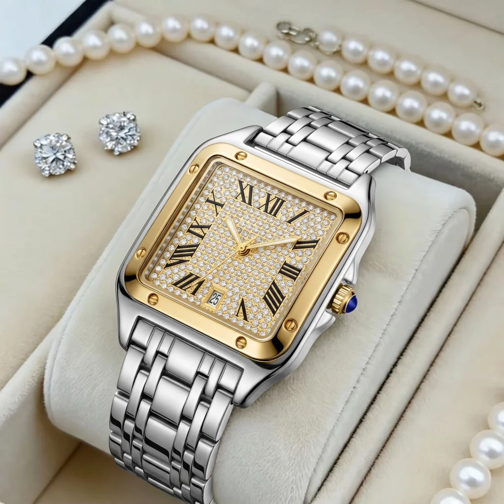 New Square Men's Quartz Watch with Roman Numerals and Diamond-Encrusted Dial, Calendar Display, Waterproof Luminous Steel Band Wristwatch, Light Luxury Business Casual Versatile Men's Watch, Suitable for Gift-Giving