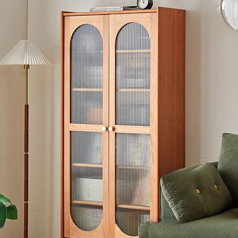 ตู้หนังสือไม้เนื้อแข็ง ตู้โชว์สไตล์ญี่ปุ่นสำหรับห้องนั่งเล่น ตู้เก็บของตั้งพื้นไม้เชอร์รี่พร้อมกระจก