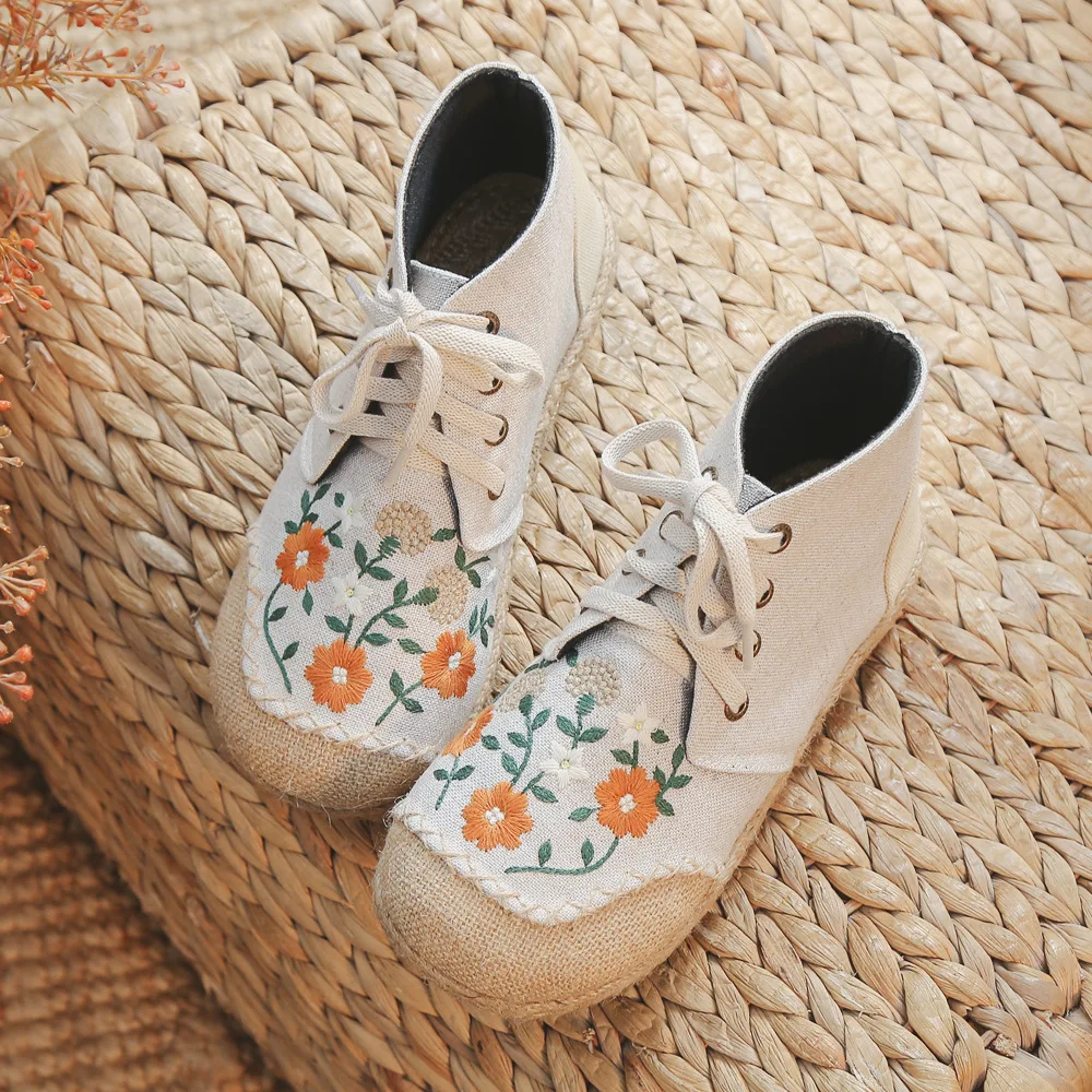 New Embroidered Linen Casual Shoes Simple Versatile Mid-Top Booties Fashion Lace-Up Craft Cloth Shoes Womens Shoes