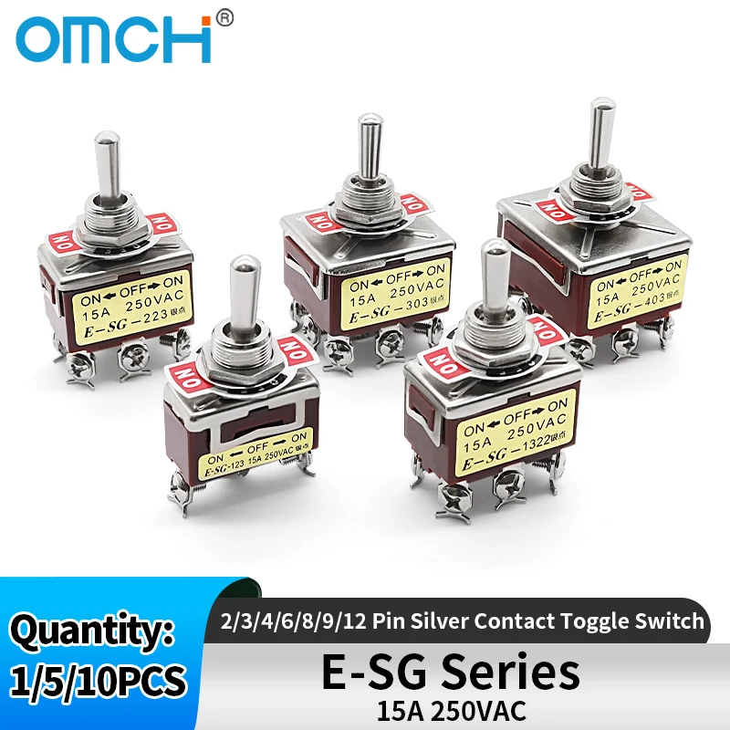 OMCH 1/5/10PCS 15A 250VAC Silver Contact Toggle Switch E-SG Series 2/3/4/6/8/9/12 Pin 2/3 Gear Self Reset/Self-Lock