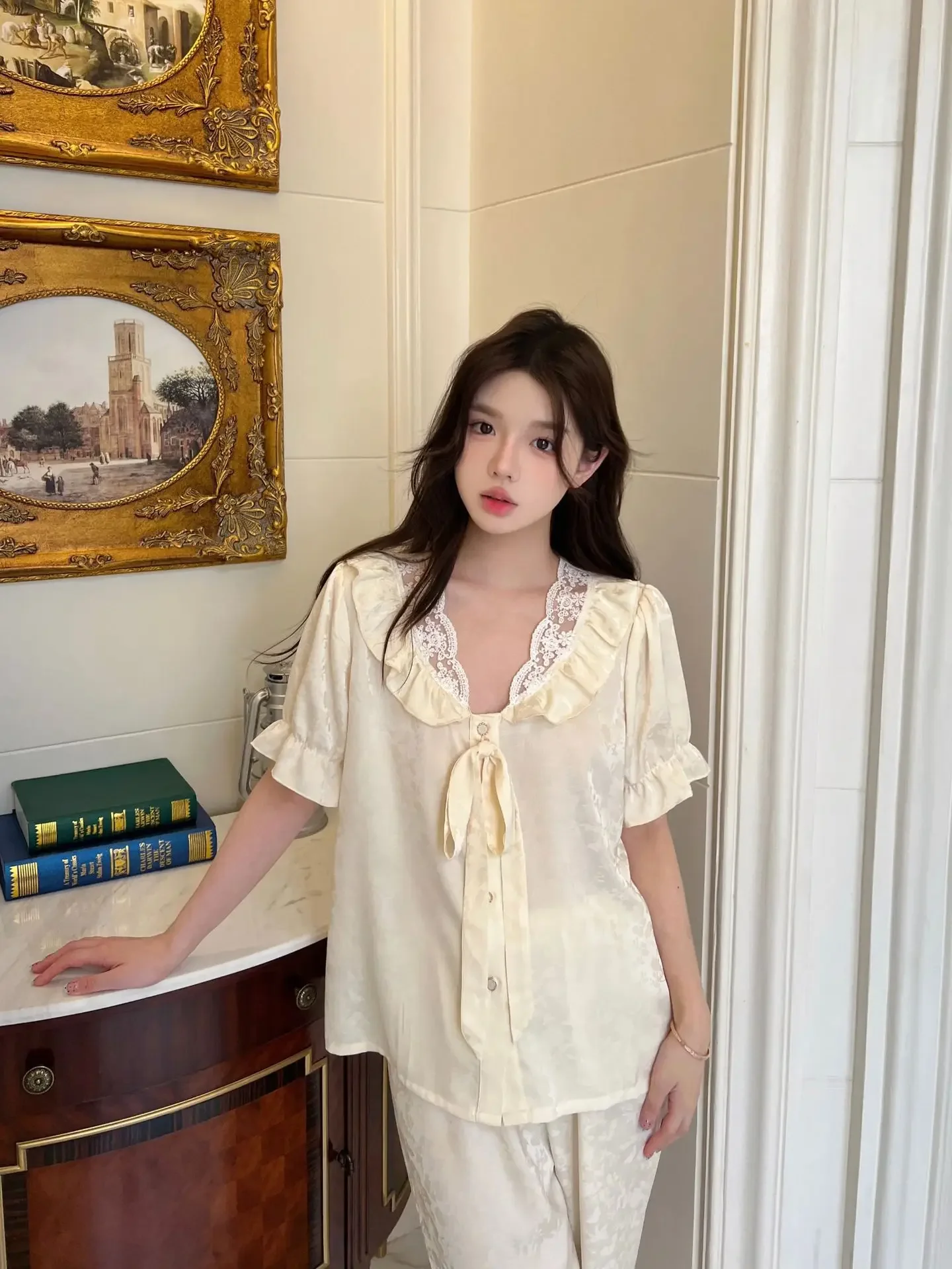 

Pajamas Set Female Long Sleeve Trouser Suits New Chinese Style Elegant Sleepwear Jacquard Satin Nightwear Loose Homewear Pyjama