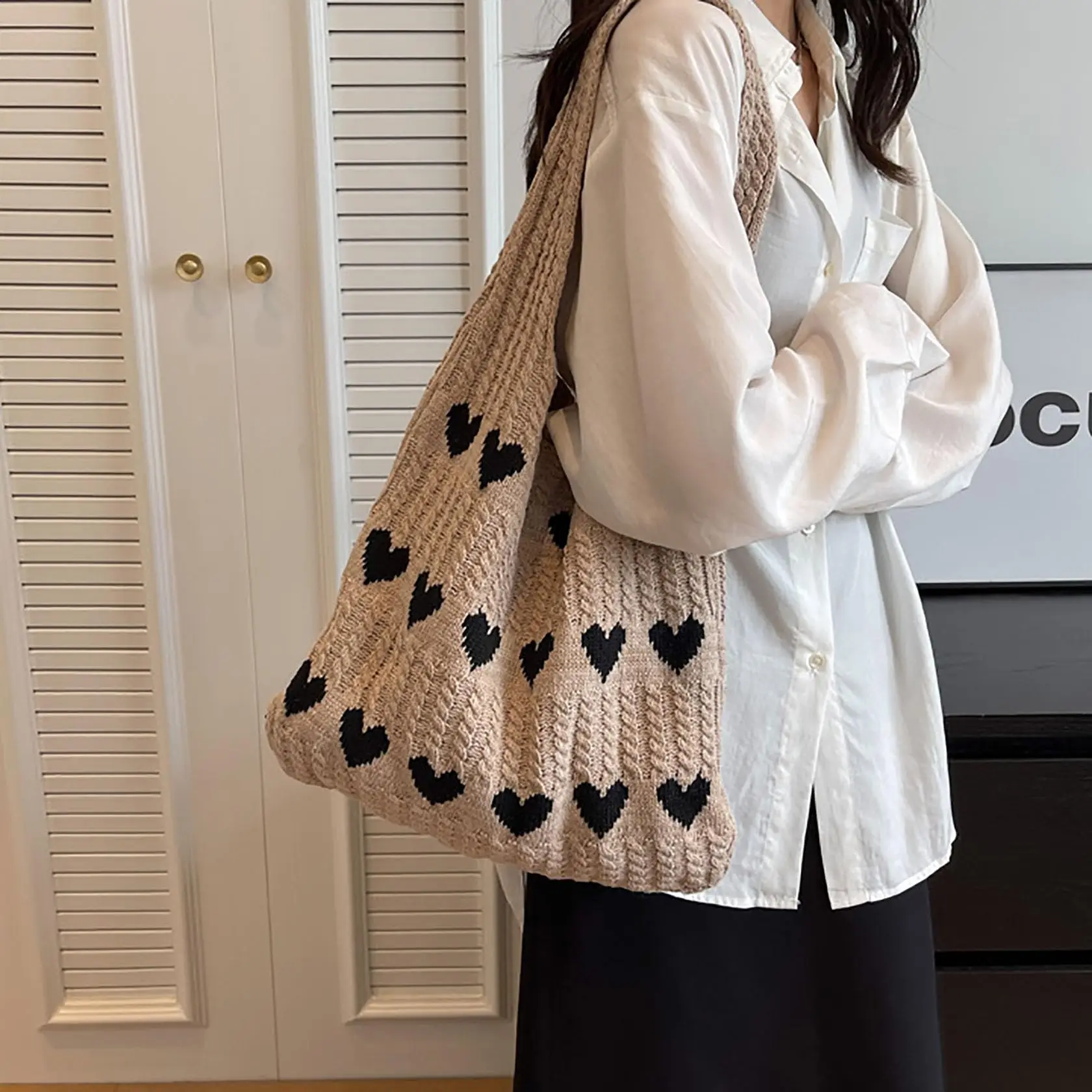Gestrickte Schulter-Tragetasche Große Häkel-Strandtasche Hobo-Tasche Ästhetische Tragetaschen für Frauen – Detail 20