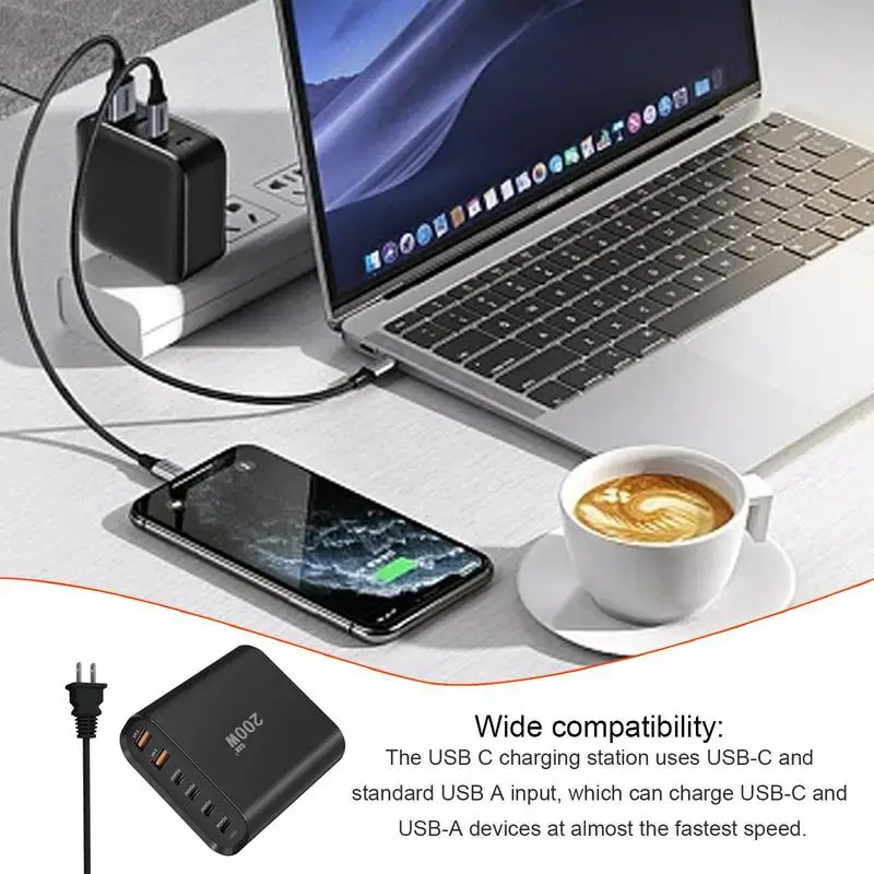 Stacjonarna stacja ładująca USB C 6-portowa stacja ładująca USB 200 W Wieloportowy koncentrator ładowania USB Super szybki, wielofunkcyjny