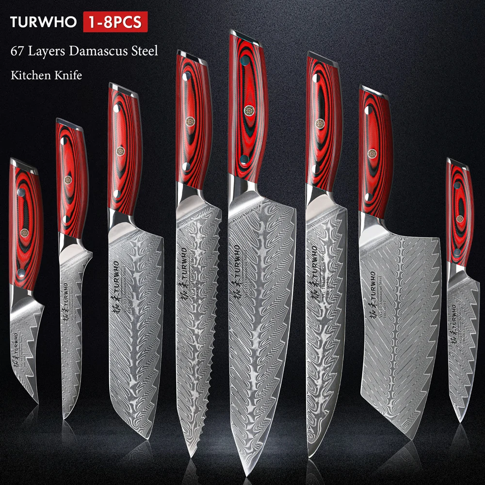 TURWHO 1-8PCS 67 Layer Damascus Steel Chef Knife Cut Meat Japanese Santoku Boning Bread Paring Utility Knife Kitchen Knives Set