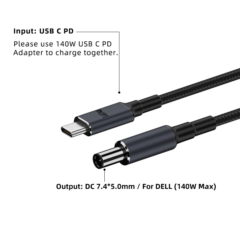 USB Type C PD To DC 7.4X5.0mm Laptop Charger Connector 90W 130W Fast Charging Cable Cord for Dell Inspiron 15 5576 5577 7557