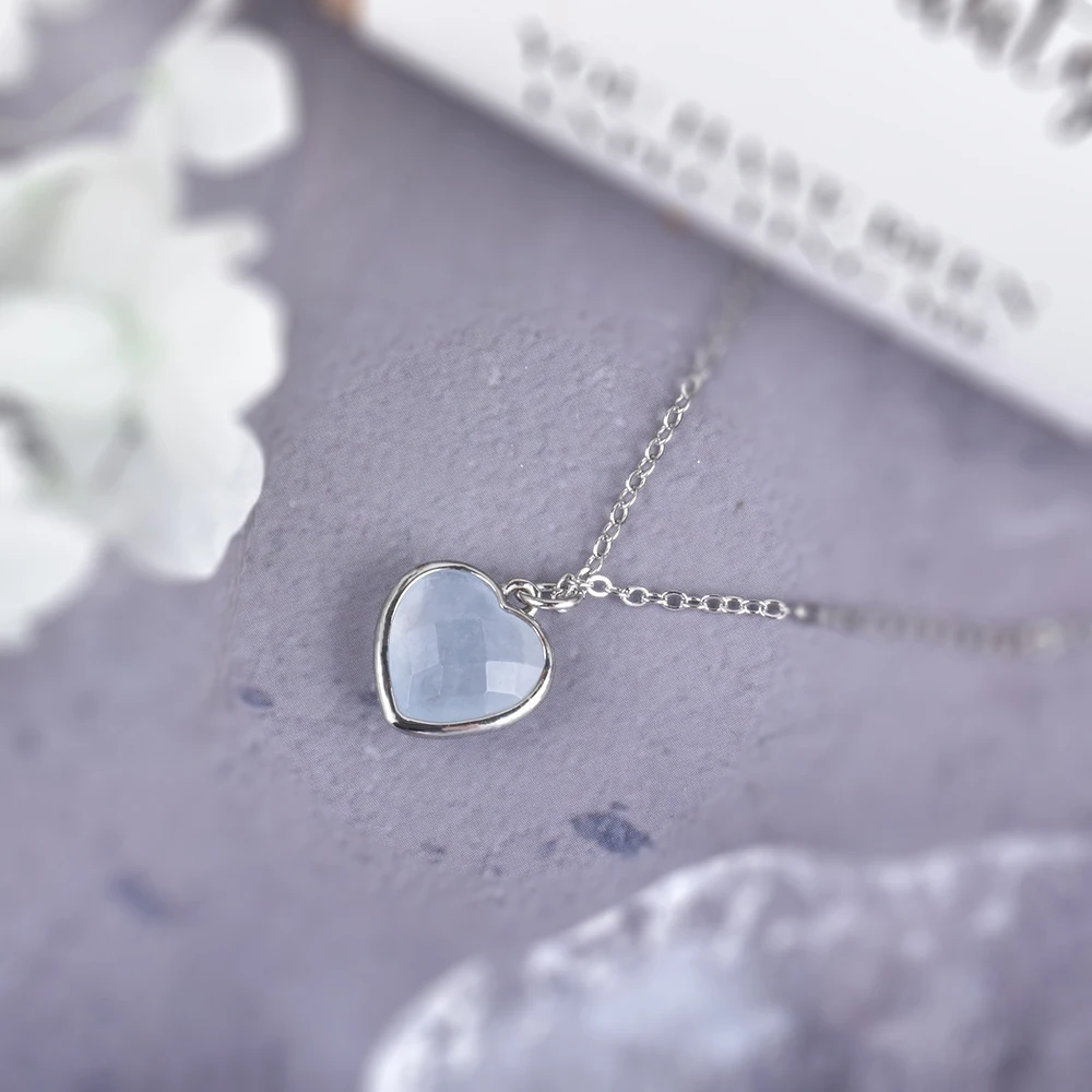 ITSMOS Natural Aquamarine Heart Pendant Necklace Aquamarine Faceted Gemstone Lover Necklace for Women Girl Handmade Jewelry