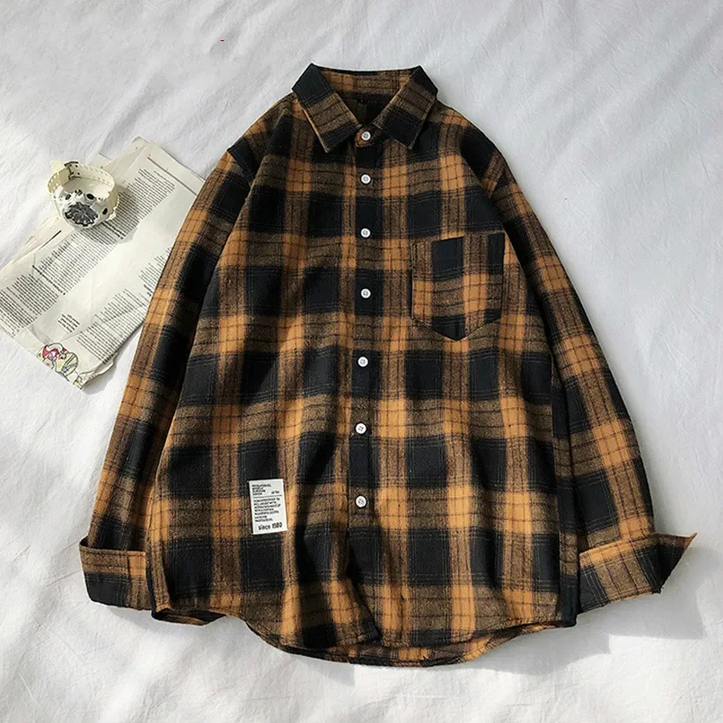 Spring Autumn Long Sleeve Black Plaid Blouse Men Slim Fit Cotton Korean Casual Shirts Men Clothing Brand M-3XL Oversized Shirt