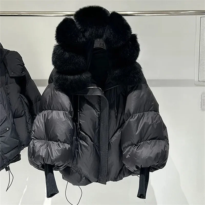2025 New Winter Large Fur Hooded Puffer Jacket Women Thicken Warm Knitted Sleeve Coat White Duck Down Mid Long Snow Parka