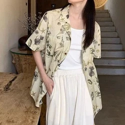 Women's Summer Vintage Print Beach Holiday Button Up Shirt Casual Lapel Short Sleeve Blouse Irregular Loose Pockets Tops Female