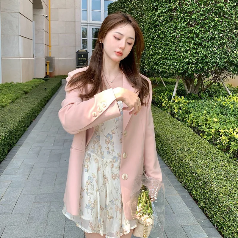 

Trendy Solid Pink Blazer Women Spring Autumn Soft Sweet Korean Loose Temperament Premium Quality Slimming All Match Casual Top