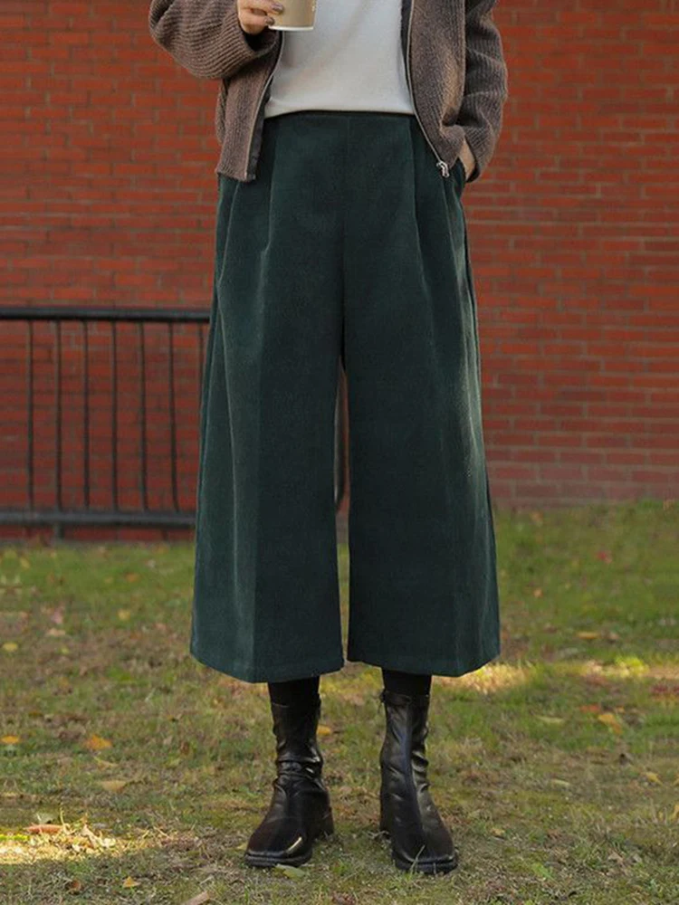 Women Retro Corduroy Calf Length Pants Loose Fall High Waist Vintage Wide Leg Trousers Casual Female Korean Pockets Elegant Pant