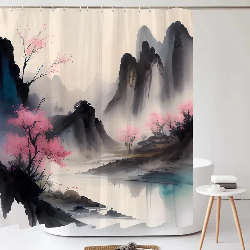 

ZYQ01Chinese style Ink landscape Bathroom Curtain Scenery Shower Curtain Bathroom Partition Waterproof Shower Curtains with 6Bn%