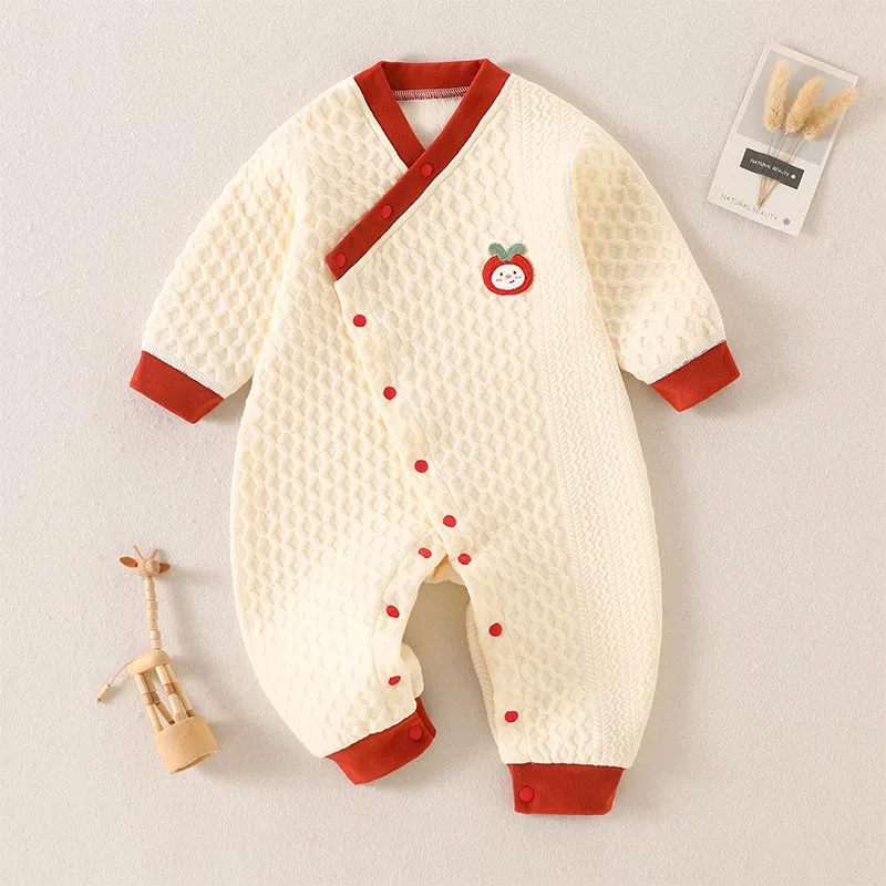 Baby Thermal Onesie for Autumn Winter Kids Layered Romper with Diagonal Snap Closure, Long-Sleeve Jumpsuit for 0-12 M