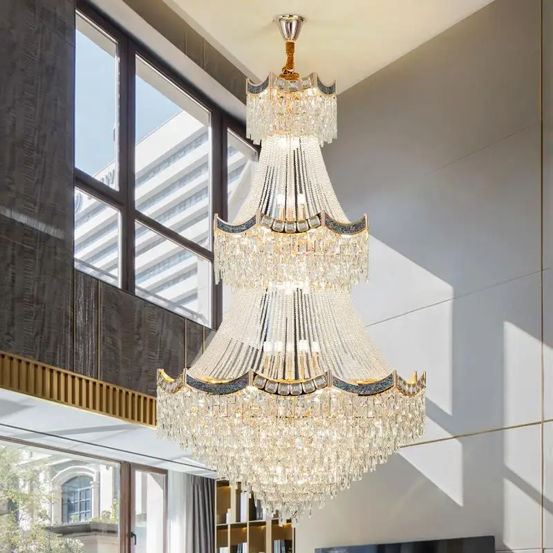 

Duplex Building Large Chandelie Villa Living Room Light Mid Floor Cantilevered Modern Light Luxury Crystal Long Chandelier