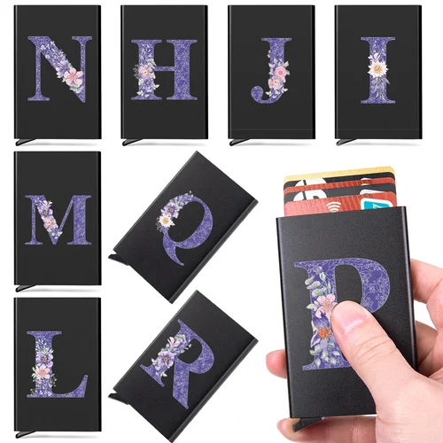 Tarjetero Anti Rfid de aluminio, lector de bloqueo NFC, funda con patrón de letras de flores púrpuras, protección delgada, funda para tarjeta de crédito bancaria