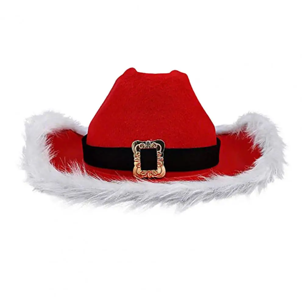 Christmas Gift for Him Her Festive Cowboy Hat with White Fluff Edge for Christmas Party Western Carnival Santa Claus Hat for Men