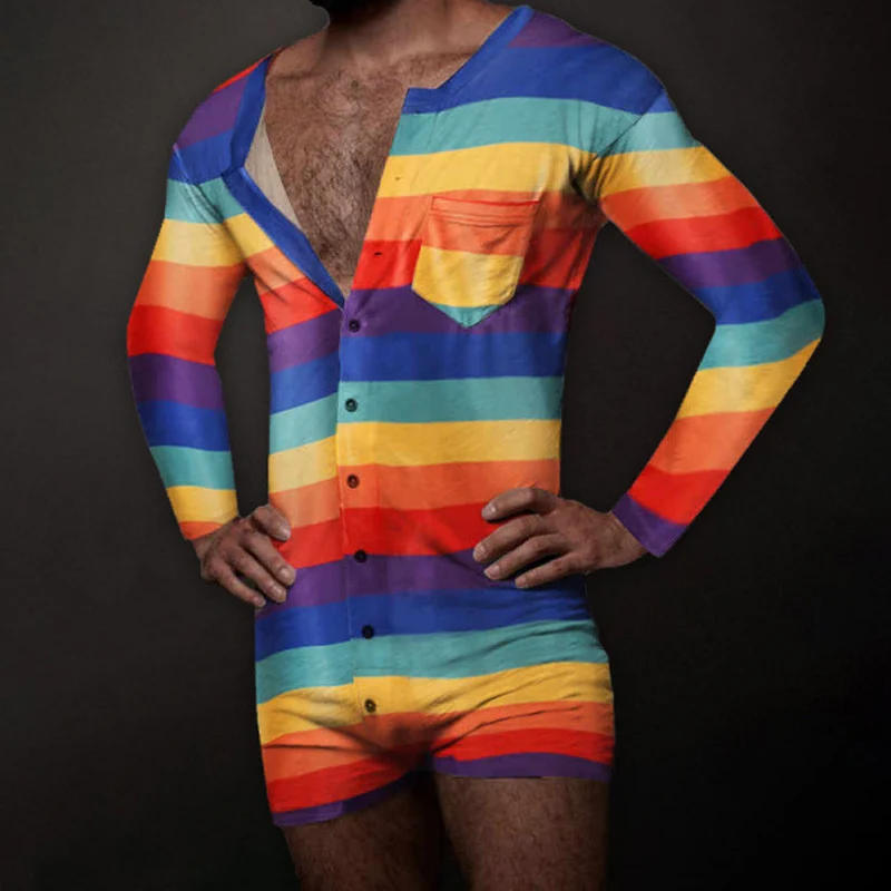 LGBT Rainbow Striped Printed Shorts Playsuits Men Pajamas Sexy Crew Neck Button-up Shorts Jumpsuits Mens Shorts Romper Overalls