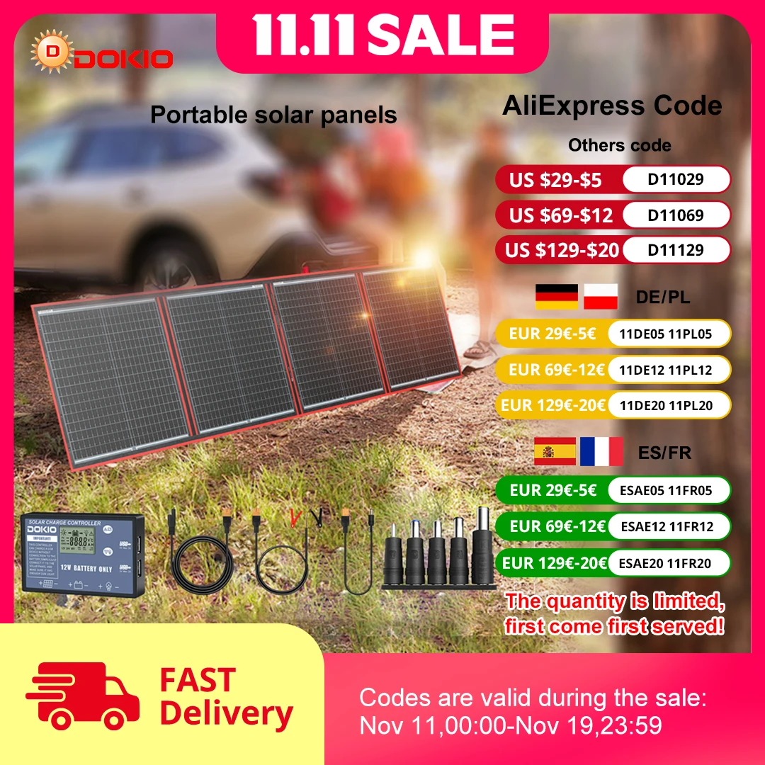 Dokio 100/160/200/300W Portable Flexible Foldable 18V Solar Panel with 12V Controller Kit for Camping Battery Charging