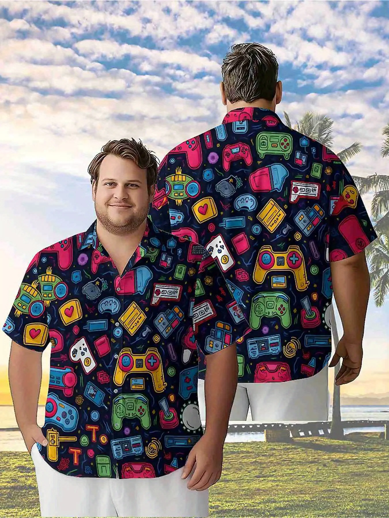 Men's Plus Size Hawaiian Shirts Vintage Game Controller pattern,Premium Comfort Youth Clothes,Streetwear Y2K Tops