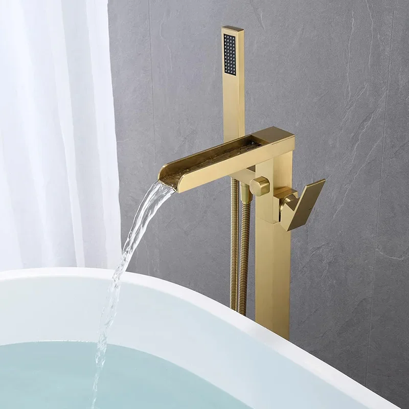 Floor Standing Bathtub Faucet Waterfall Spout Brushed Gold Bath Tub Faucet With Handheld Shower Head Matte Black & Brushed Grey